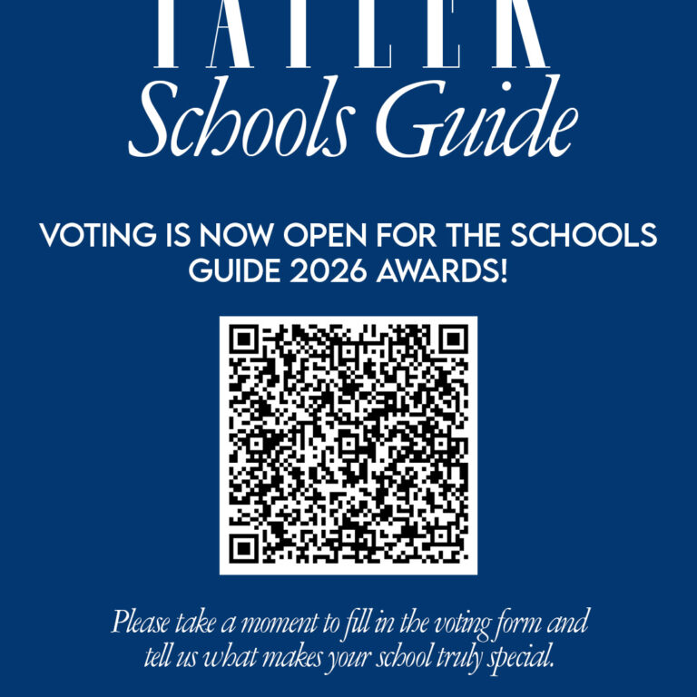 Blue poster announcing voting is open for the Schools Guide 2026 Awards, with a QR code to vote; voting closes August 29, 2026.